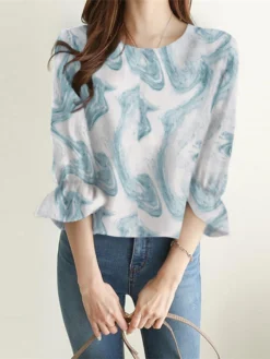 Marble Print 3/4 Sleeve Crew Neck Ruffle Blouse