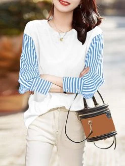 Stripe Patchwork Long Sleeve Crew Neck Blouse