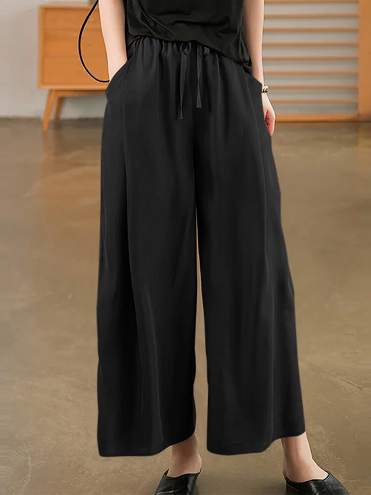 Women Solid Drawstring Waist Casual Wide Leg Pants 6 Women Solid Drawstring Waist Casual Wide Leg Pants - Image 6