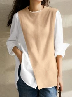 Contrast Patchwork Long Sleeve Crew Neck Casual Blouse -Zanzea Shop 2ba1e7e3 0302 4b5c 827a b7cf8cb55ab5