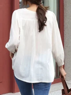 Solid Pleated Textured V-neck Button Long Sleeve Blouse -Zanzea Shop 2ba4a541 24fe 4df9 ab45 d0c8fc2c17bc