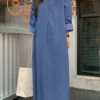 Solid Long Sleeve Denim Lapel Button Casual Dress