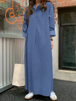 Solid Long Sleeve Denim Lapel Button Casual Dress