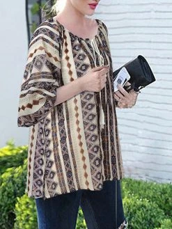 Bohemian Print Lace-Up Neck Half Sleeve Blouse