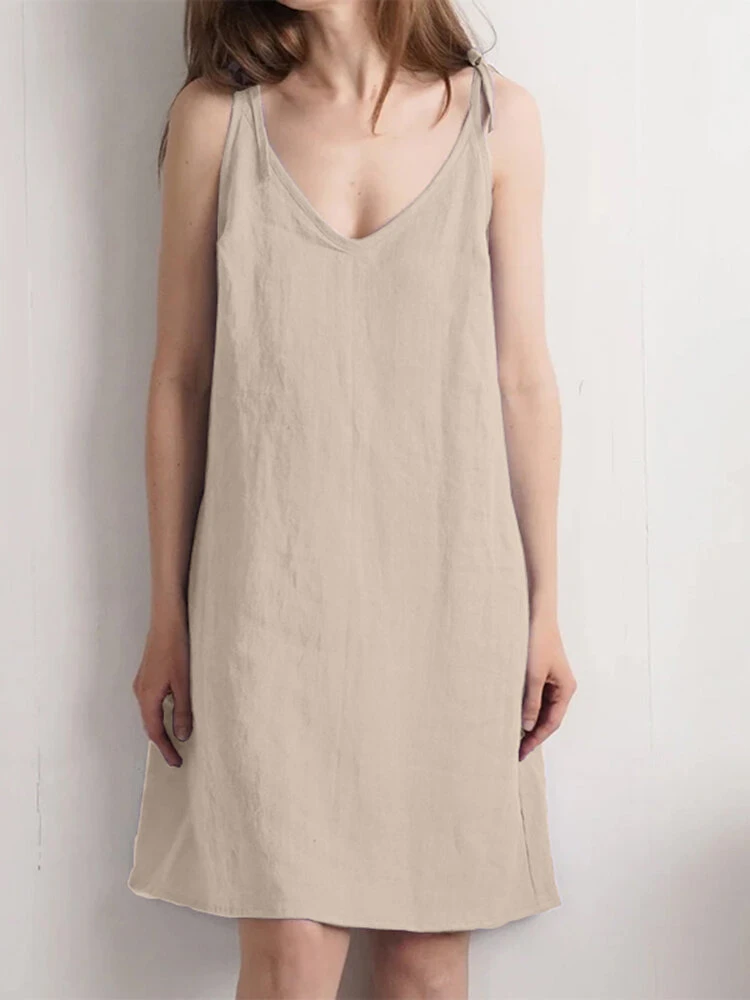 Women Solid Tie Spaghetti Strap Cotton Casual Dress 4 Women Solid Tie Spaghetti Strap Cotton Casual Dress - Image 4