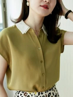 Contrast Double Layered Neck Short Sleeve Button Blouse -Zanzea Shop 2c37513d 770b 4b3f 8ad9 d5382b4427ee