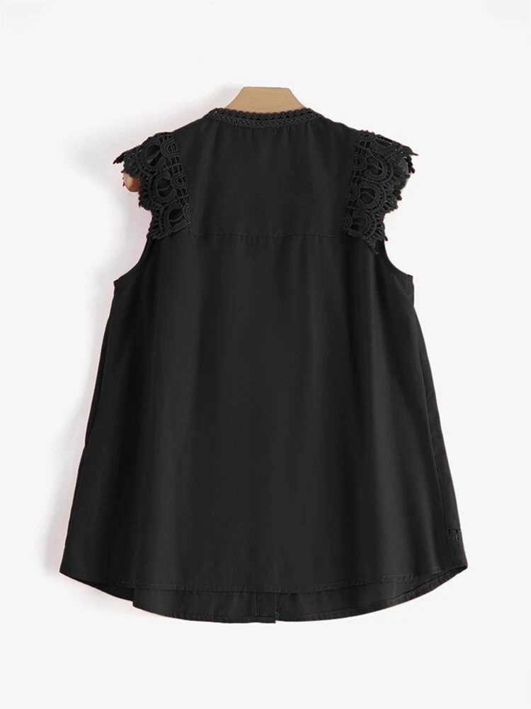 Women Lace Splice Button Front Casual Sleeveless Tank Top 2 Women Lace Splice Button Front Casual Sleeveless Tank Top - Image 2