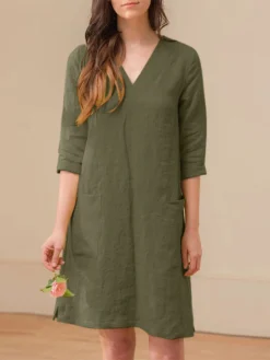 Solid Dual Pocket Slit Hem V-neck 3/4 Sleeve Vintage Dress 21 Solid Dual Pocket Slit Hem V-neck 3/4 Sleeve Vintage Dress -Zanzea Shop 2c7f7a35 de68 4752 9597 e0b72df6ae6a
