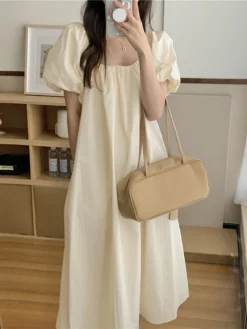 Solid Puff Sleeve Pocket Square Collar Midi Dress