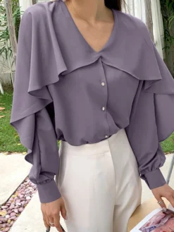 Ruffle Solid Long Sleeve V-neck Button Front Blouse -Zanzea Shop 2ccf06eb e412 4d5e 9b96 6e4386a20170