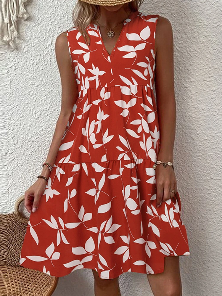 Women Allover Leaf Print V-Neck Tiered Sleeveless Dress 2 Women Allover Leaf Print V-Neck Tiered Sleeveless Dress - Image 2