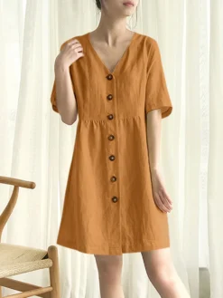 Cotton Solid Button Short Sleeve V-neck Casual Dress -Zanzea Shop 2ce3ec64 9bad 4a97 b64d 5e9ab0fe2cd2
