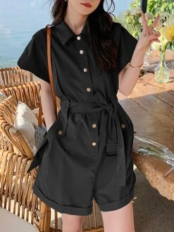 Solid Belt Button Front Pocket Short Sleeve Lapel Cargo Romper -Zanzea Shop 2d3a173a 5540 4960 8246 a1c0428a0c50