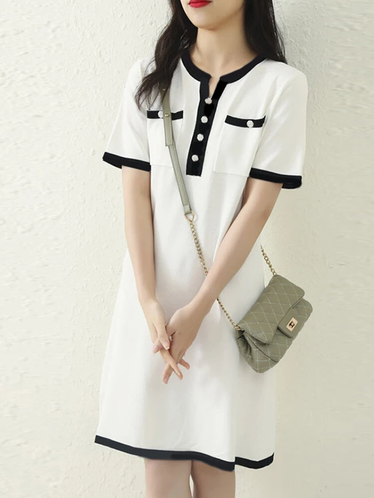 Contrast Pocket Short Sleeve Notch Neck Casual Dress 2 Contrast Pocket Short Sleeve Notch Neck Casual Dress - Image 2