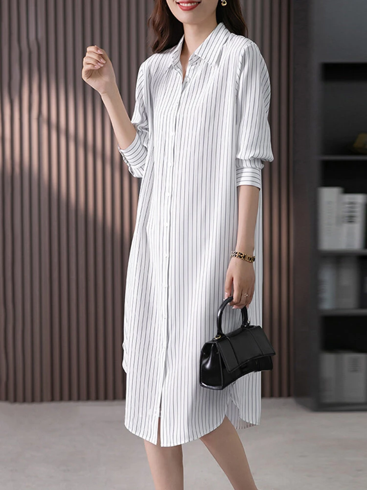 Stripe Pattern Slit Hem Lapel Long Sleeve Shirt Dress 5 Stripe Pattern Slit Hem Lapel Long Sleeve Shirt Dress - Image 5
