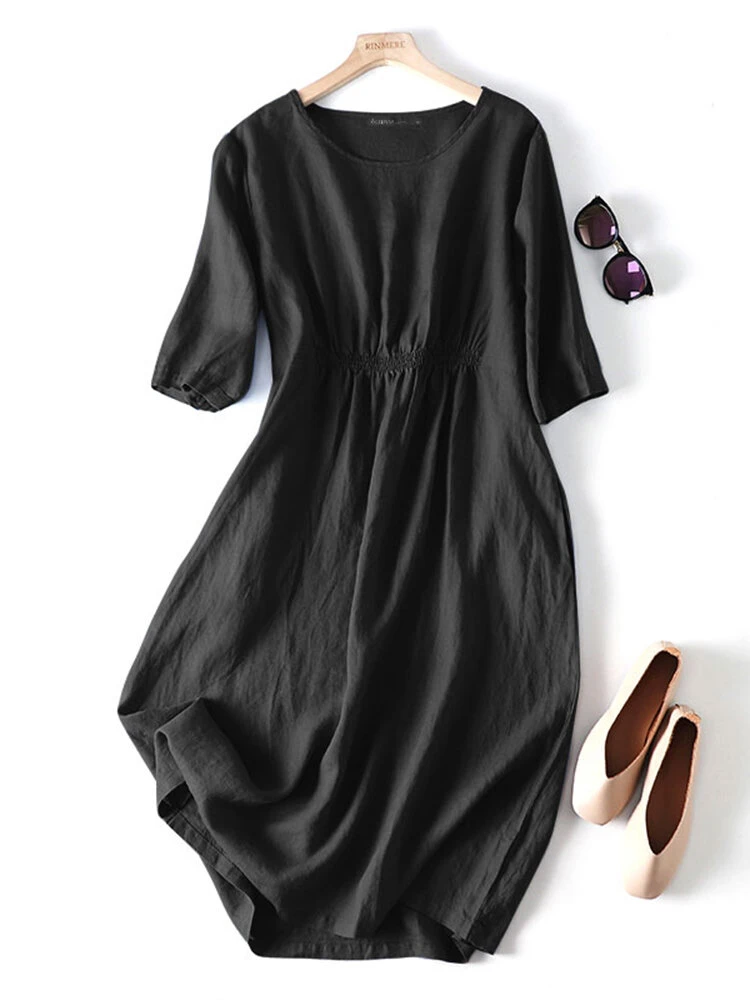 Solid Shirred Pocket Half Sleeve Crew Neck Dress 1 Solid Shirred Pocket Half Sleeve Crew Neck Dress