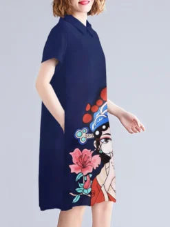 Peking Opera Pattern Pocket Short Sleeve Midi Dress -Zanzea Shop 2d85a8e9 9932 4b4c b487 c4bf8714d1ef