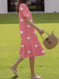 Dot Print Ruffle Hem Short Sleeve Crew Neck A-line Dress -Zanzea Shop 2d88b8a9 bc13 4c1c b503 660669cc0abf
