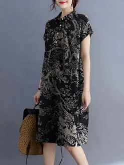 Plants Print Lapel Button Short Sleeve Dress -Zanzea Shop 2dad227a 66af 4e01 a900 919c702b6b88