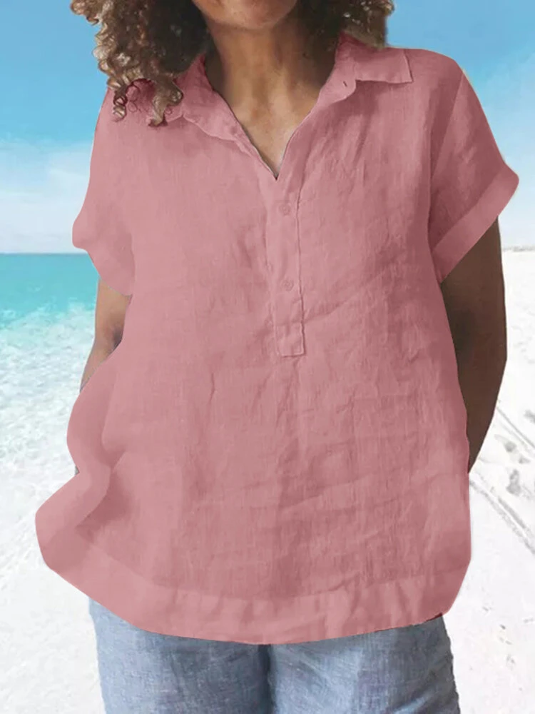 Solid Button Front Lapel Short Sleeve Casual Blouse 4 Solid Button Front Lapel Short Sleeve Casual Blouse - Image 4