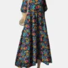 Cottagecore Calico Pocket Puff Sleeve Casual Maxi Dress