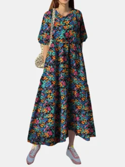 Cottagecore Calico Pocket Puff Sleeve Casual Maxi Dress