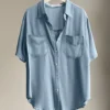 Solid Pocket Button Lapel Short Sleeve Loose Denim Shirt