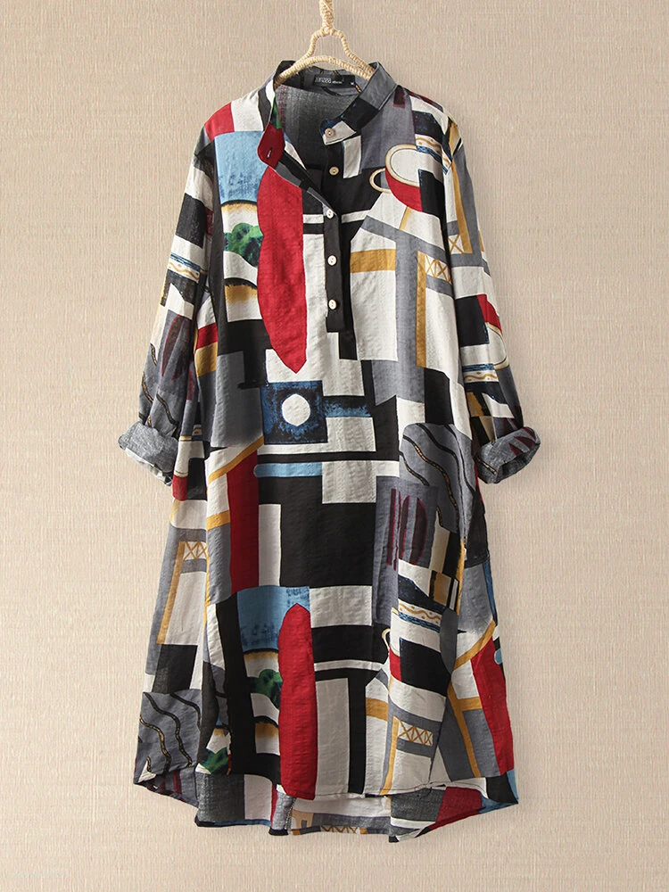 Plaid Loose Stand Collar Long Sleeve Casual Print Dress For Women 4 Plaid Loose Stand Collar Long Sleeve Casual Print Dress For Women - Image 4