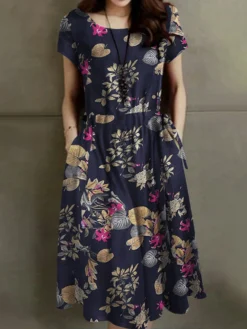 Flower Print Pocket Drawstring Waist Short Sleeve Midi Dress -Zanzea Shop 2e9c3c39 0bb6 418d a66c 66ebca8048cd