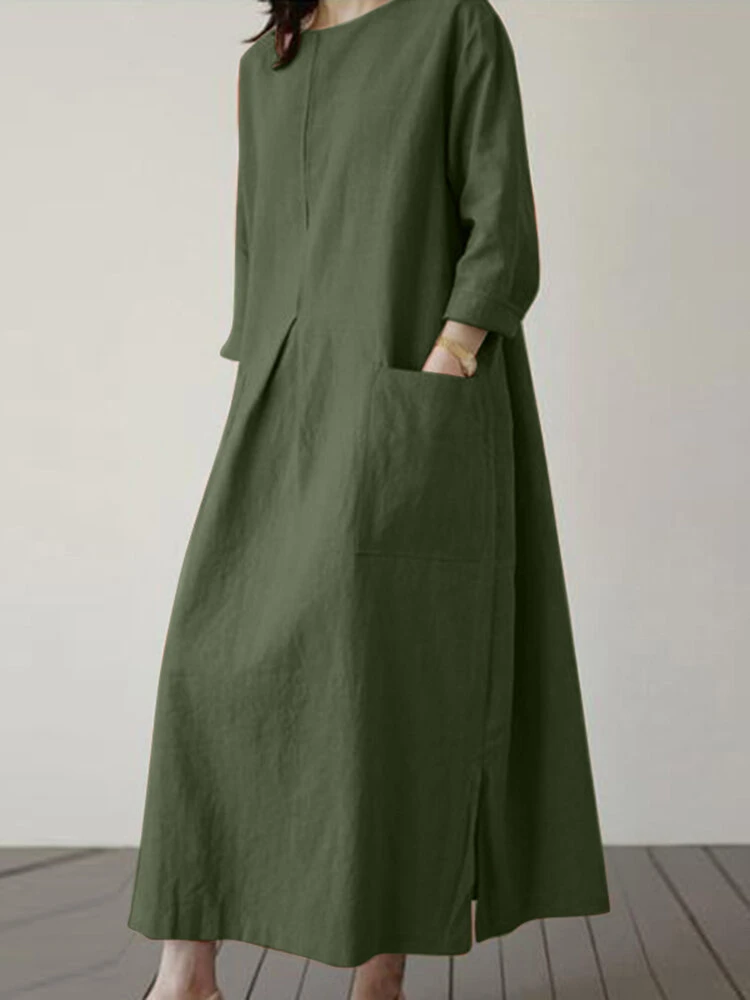 Solid Dual Pocket Slit Hem Crew Neck Vintage Dress 2 Solid Dual Pocket Slit Hem Crew Neck Vintage Dress - Image 2