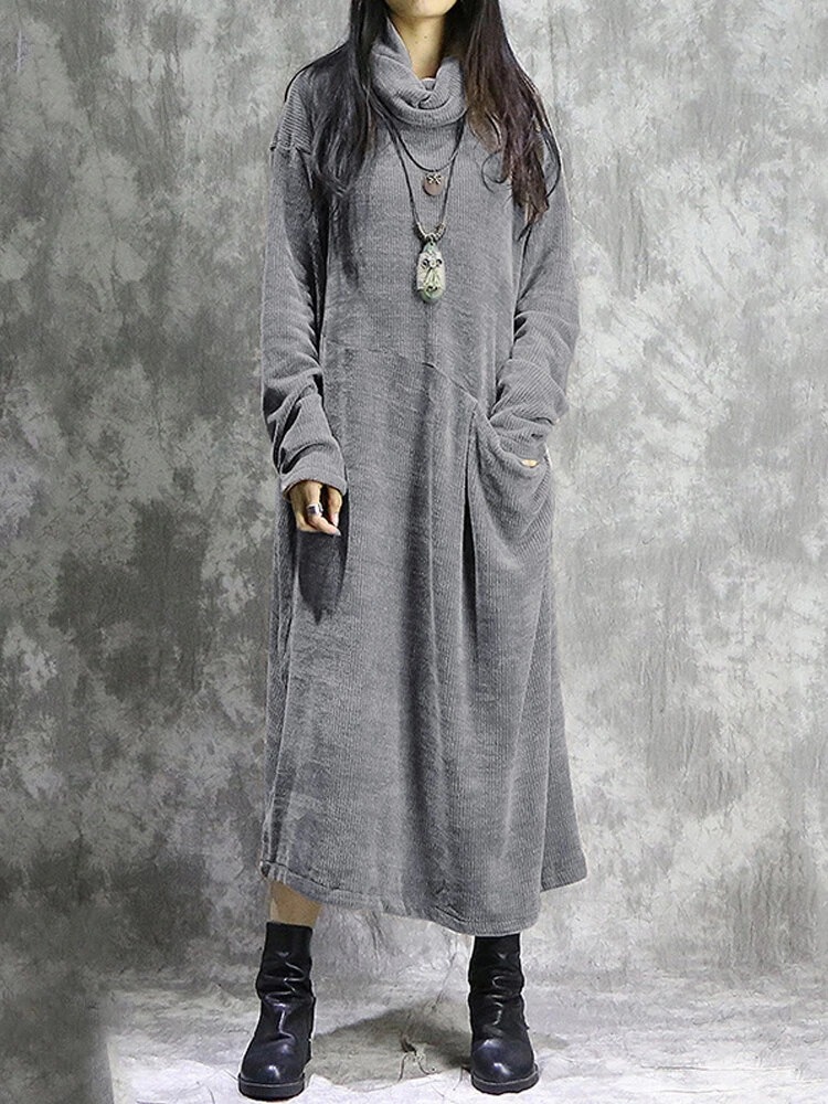Vintage Corduroy Pocket Long Sleeve Casual Midi Dress 3 Vintage Corduroy Pocket Long Sleeve Casual Midi Dress - Image 3