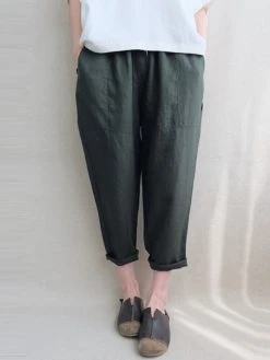 Plain Elastic Waist Pocket Casual Cotton Linen Pants -Zanzea Shop 2f0d5b80 3304 4b5f b246 e78550c89a78
