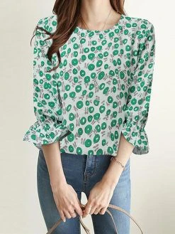 Random Allover Print Crew Neck 3/4 Sleeve Casual Blouse -Zanzea Shop 2f0dc2f8 8f85 4c4f 916e 9b2c5353a315