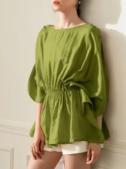 Elastic Waist Solid 3/4 Sleeve Crew Neck Loose Blouse -Zanzea Shop 2f2c665e f9ab 4580 a401 fd40e693fb55