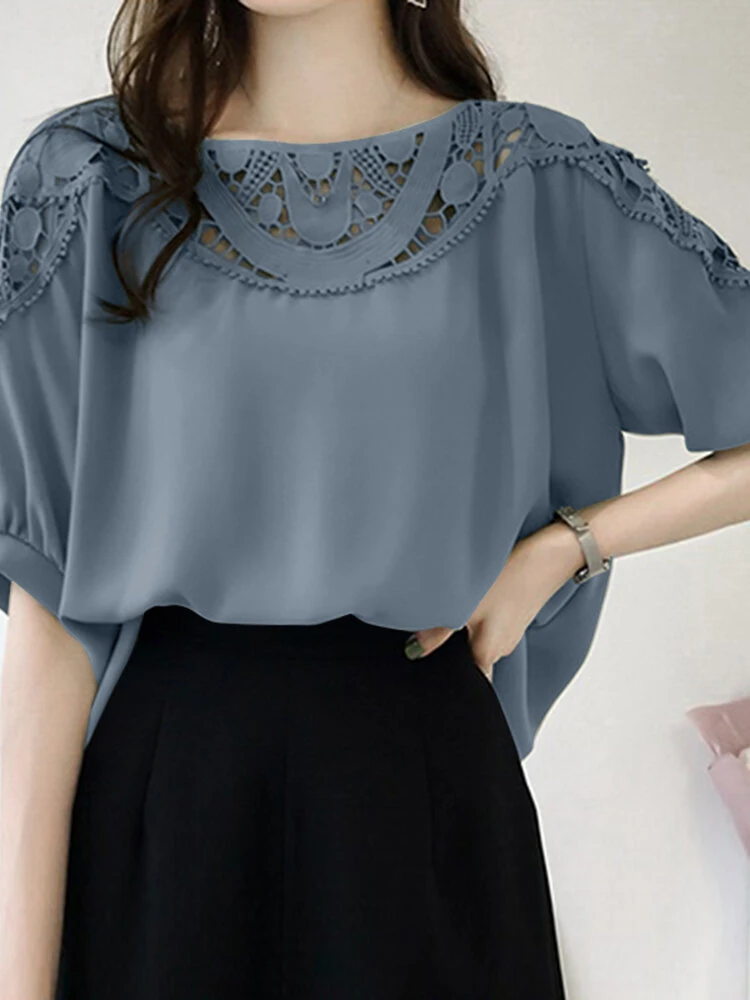 Women Hollow Stitch Half Sleeve Crew Neck Blouse 5 Women Hollow Stitch Half Sleeve Crew Neck Blouse - Image 5