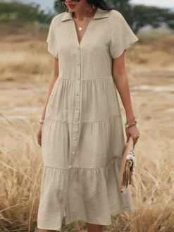 Solid Lapel Short Sleeve Button Front Casual Dress -Zanzea Shop 2f56c31b f04b 4313 80da 08aaa8c8cc53