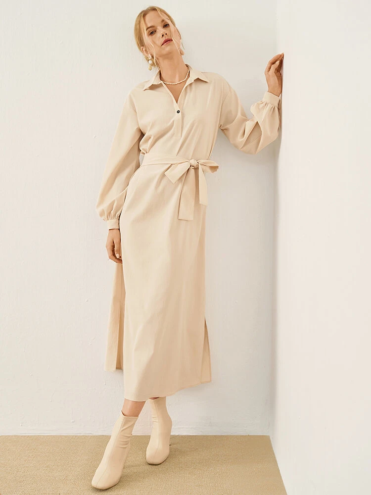 Solid Long Sleeve Button Lapel Shirt Dress With Belt 3 Solid Long Sleeve Button Lapel Shirt Dress With Belt - Image 3