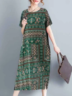 Vintage Allover Tribal Pattern Slit Hem Short Sleeve Dress -Zanzea Shop 2f573de8 e6ab 48ca a3e3 ce25a1a6aa01