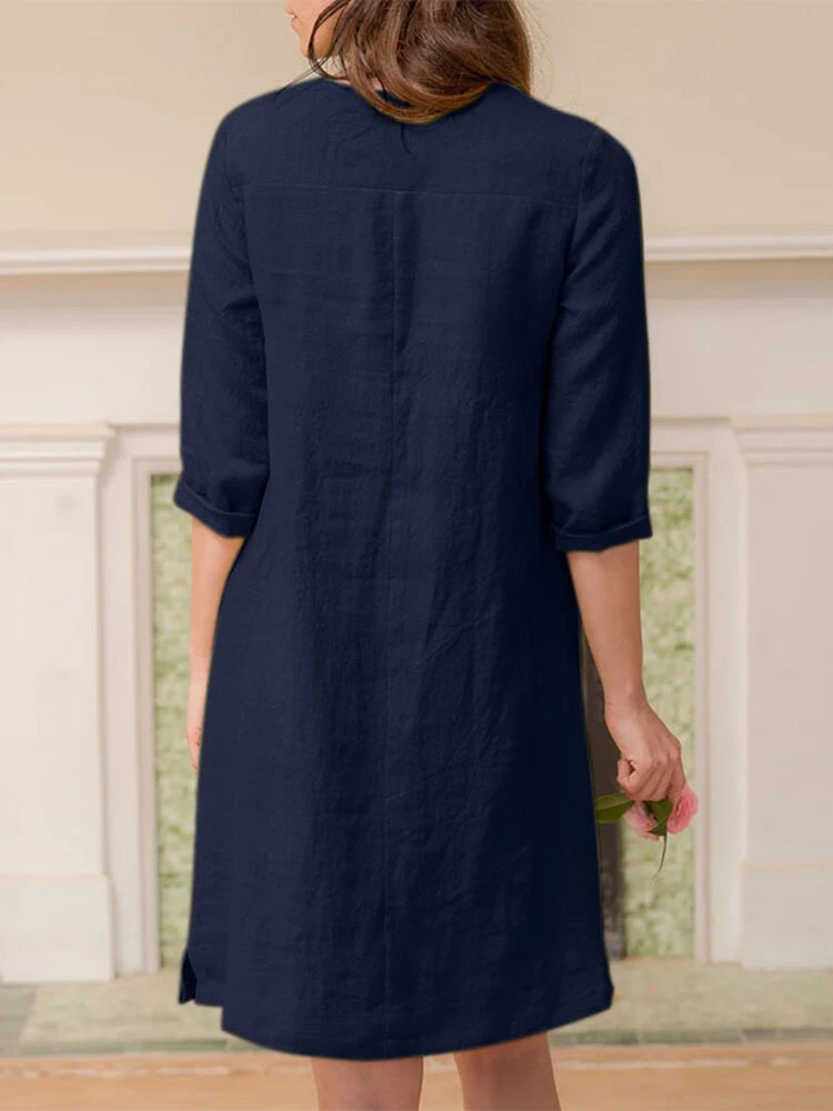 Solid Dual Pocket Slit Hem V-neck 3/4 Sleeve Vintage Dress 2 Solid Dual Pocket Slit Hem V-neck 3/4 Sleeve Vintage Dress - Image 2