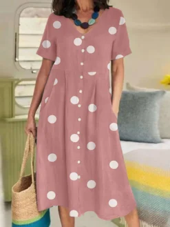 Dot Print Pocket V-neck Short Sleeve Casual Dress -Zanzea Shop 300d59e3 6a26 4054 94f2 196ee5cab932