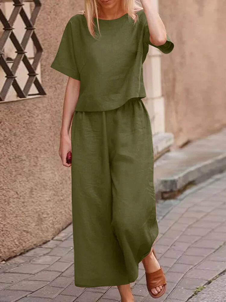 Solid Elastic Waist Short Sleeve Cotton Casual Suit 1 Solid Elastic Waist Short Sleeve Cotton Casual Suit