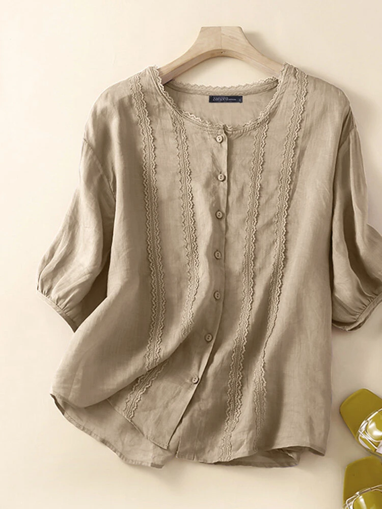 Women Lace Trim Plain Button Up Cotton 3/4 Sleeve Shirt 7 Women Lace Trim Plain Button Up Cotton 3/4 Sleeve Shirt - Image 7