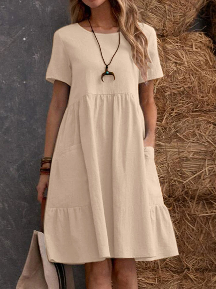 Solid Short Sleeve Pocket Crew Neck Vintage Dress 1 Solid Short Sleeve Pocket Crew Neck Vintage Dress