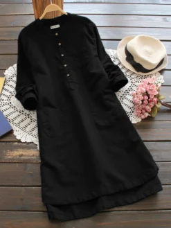 Solid Stand Collar Long Sleeve Pocket Button Vintage Dress -Zanzea Shop 304d641e 21be 4088 b124 4b0d5ded8930