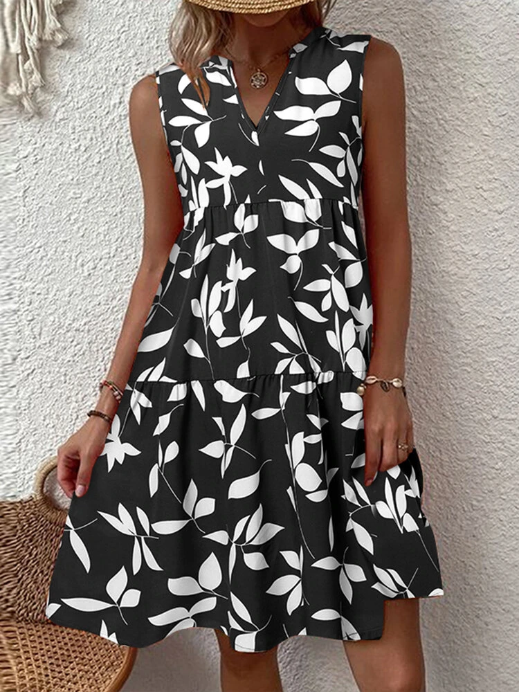Women Allover Leaf Print V-Neck Tiered Sleeveless Dress 6 Women Allover Leaf Print V-Neck Tiered Sleeveless Dress - Image 6