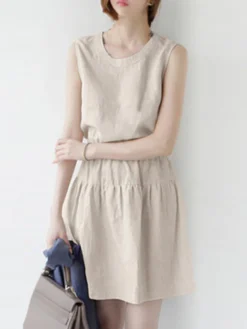 Women Solid Pleated Crew Neck Cotton Casual Sleeveless Dress -Zanzea Shop 309acb4a 1cb1 4b3a b59b b25451047c6d