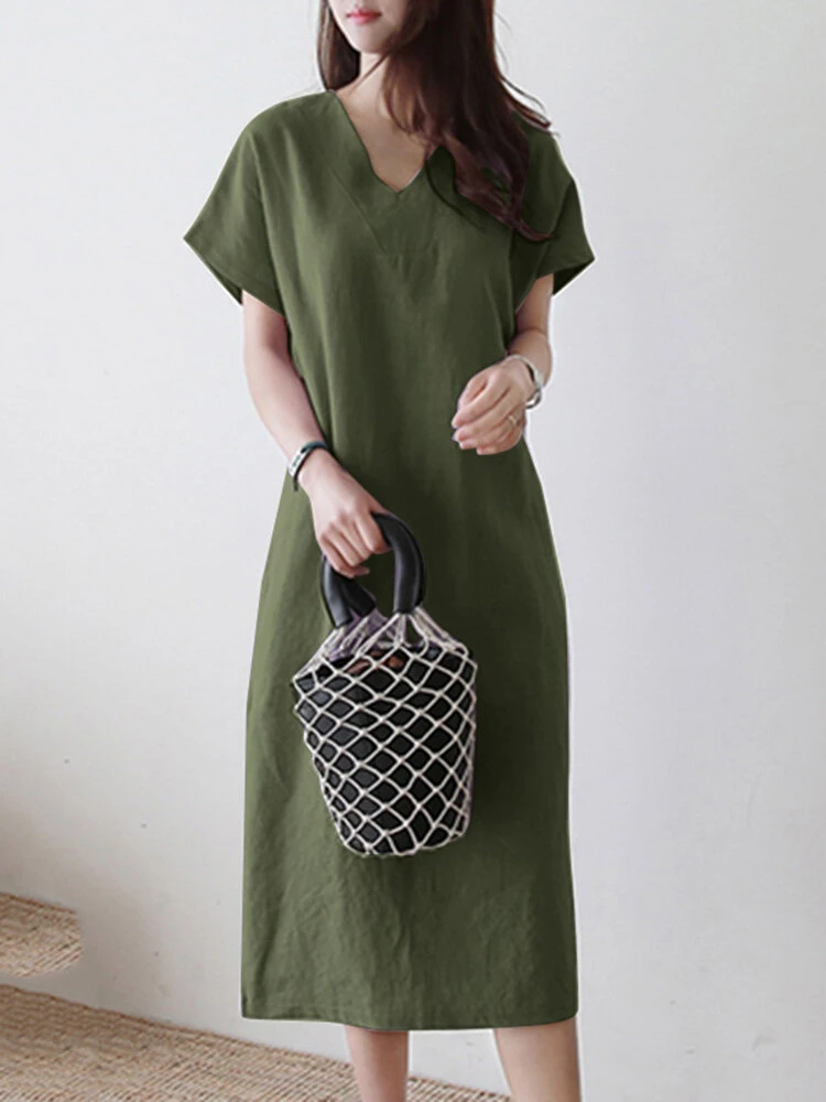 Solid V-neck Short Sleeve Dress For Women 9 Solid V-neck Short Sleeve Dress For Women - Image 9