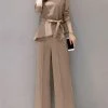 Solid Belt Asymmetrical Hem Long Sleeve Two Pieces Suit