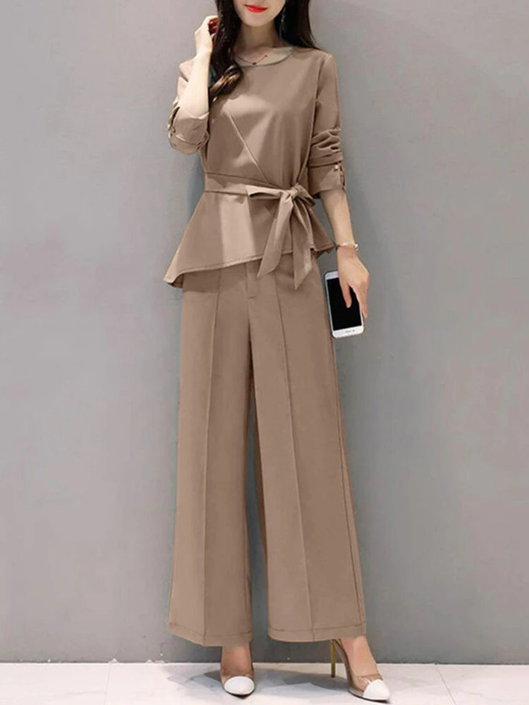 Solid Belt Asymmetrical Hem Long Sleeve Two Pieces Suit 1 Solid Belt Asymmetrical Hem Long Sleeve Two Pieces Suit