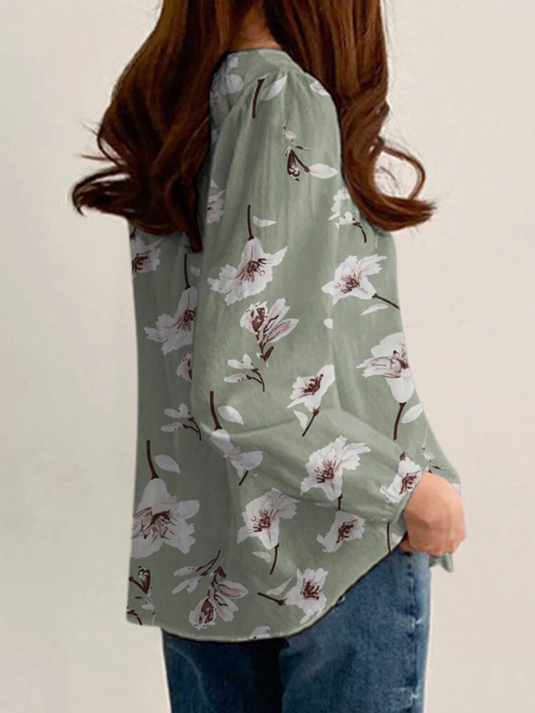 Women Allover Floral Print Crew Neck Long Sleeve Blouse 2 Women Allover Floral Print Crew Neck Long Sleeve Blouse - Image 2